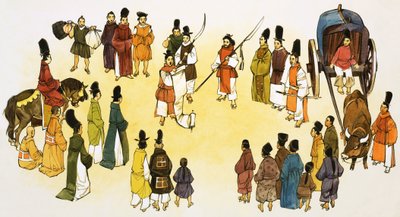Unidentified Scene of Japanese Town Cryer Making Announcement to Crowd by English School