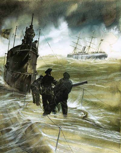 Unidentified soldiers on the deck of a submarine with boat on horizon by English School