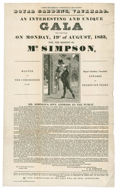 Vauxhall Gardens, Benefit for Mr. Simpson, 19 August 1833 by English School