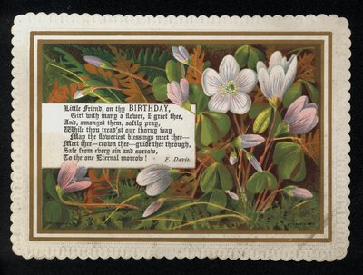 Verse by F Davis and flowers, birthday greetings card by English School