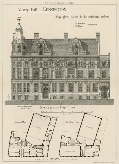 Vestry Hall, Kensington, design placed second by the professional referee by English School