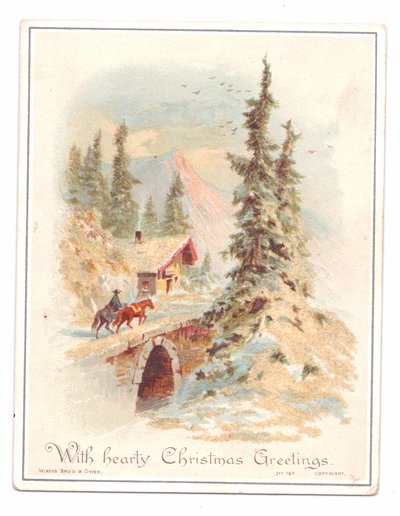 Victorian Christmas Card of a Man and Two Horses Crossing a Bridge, c.1880 by English School