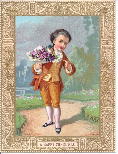 Victorian Christmas Card of a Young Boy Dressed in Victorian Clothes Holding a Bouquet of Flowers, c.1880 by English School