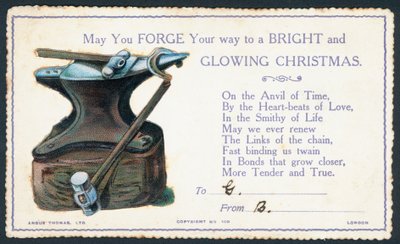Victorian Christmas card with anvil and hammer by English School
