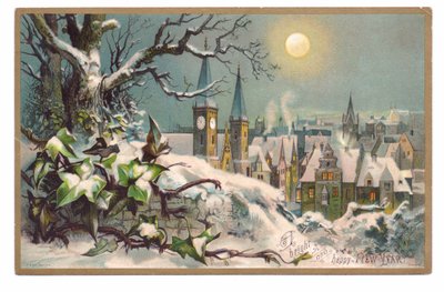 Victorian New Year Card of a Church and Houses on a Snowy Moonlit Night, c.1880 by English School
