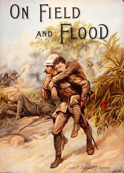 Victorian book cover depicting Surgeon-Captain Whitchurch winning the V.C. by carrying wounded Capt. Baird to safety under heavy fire in the Chitral Campaign, India, March 1895 by English School