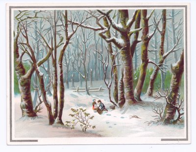 Victorian Greeting Card of Two Children Gathering Branches in the Snow, c.1880 by English School