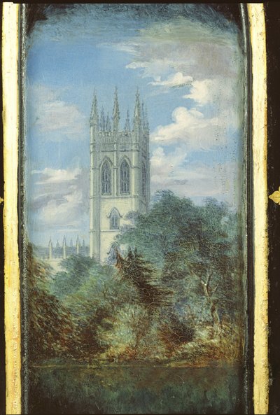 Victorian Sewing Cabinet Panel Decorated with a Scene of Magdalen College, Oxford by English School