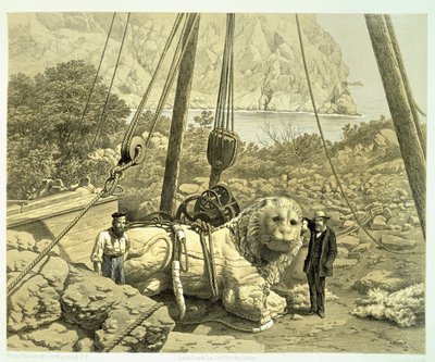 View of a colossal lion being raised, from A History of Discoveries at Helicarnassus, Cnidus, & Branchidae, by Charles Thomas Newton, published 1862 by English School
