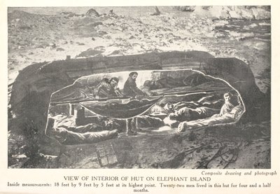 View of interior of hut on Elephant island, from 