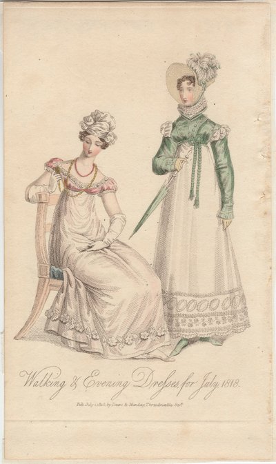 Walking and Evening Dresses for July 1818, published by Dean & Munday by English School