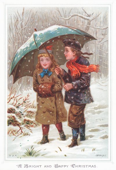 Walking under umbrella in snow storm by English School