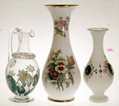 Water jug, decorated with water-lilies in ceramic paint cased with crystal, by Henry G. Richardson, mid 19th century; two opal glass vases by Henry G. Richardson, late 19th century; opal glass vase with enamel painting, late 19th century by English School