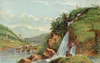 Waterfall and cattle by English School