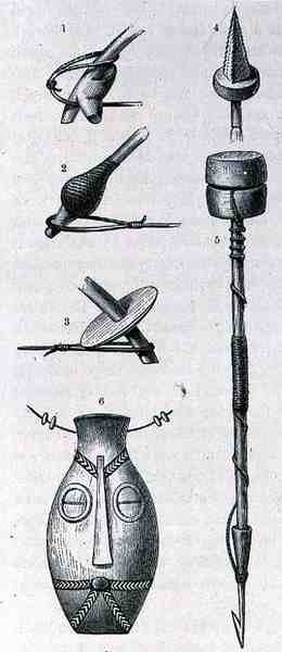 Weapons, amulet and harpoon from Manyema, from The History of the Mankind, Vol.III, by Prof. Friedrich Ratzel, 1898 by English School