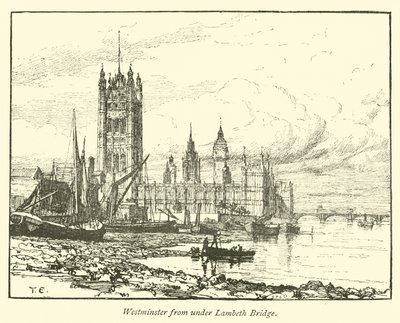 Westminster from under Lambeth Bridge by English School