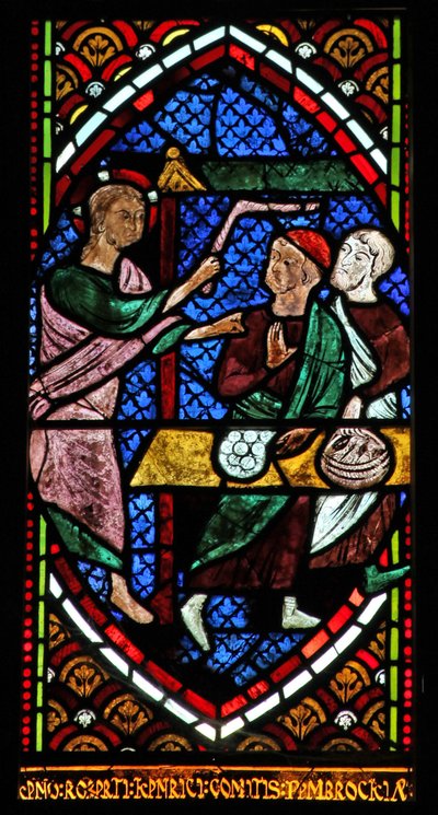 Window depicting Jesus overthrows the Temple merchants by English School