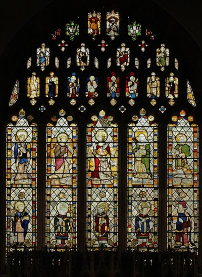Window depicting Somerset glass of c.1450 in the east window with ten fine figures of saints by English School