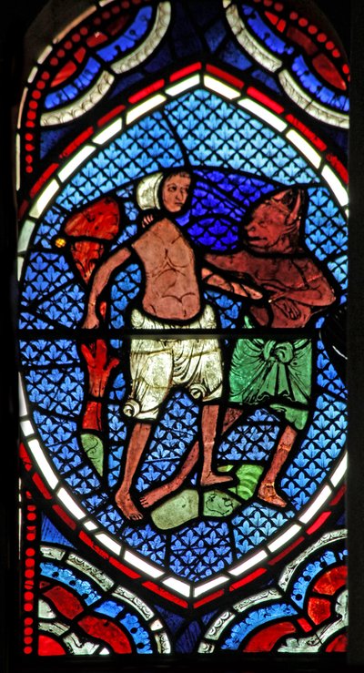 Window depicting a scene from the Prodigal Son story: he is led astray by English School
