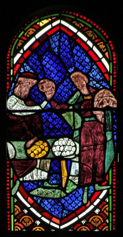 Window depicting a scene from the Prodigal Son story: he receives his inheritance by English School