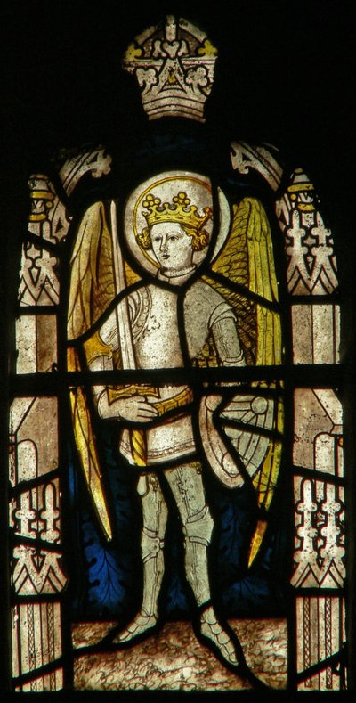 Window depicting an angel from the angelic Hierarchy with a Trinity shield by English School