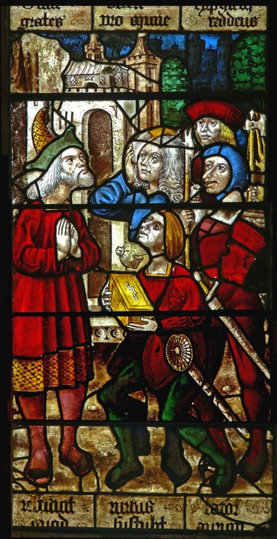 Window depicting a scene from a legend of St Nicholas: thieves return the treasure they stole to the rich man by English School