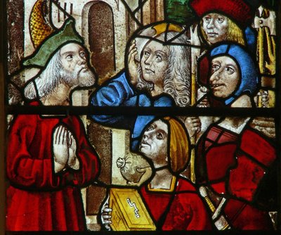 Window depicting a scene from a legend of St Nicholas: thieves return the treasure they stole to the rich man by English School