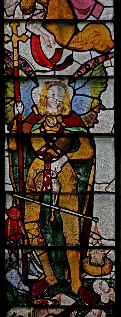 Window Ww depicting a scene from the Last Judgement: St Michael and other details by English School