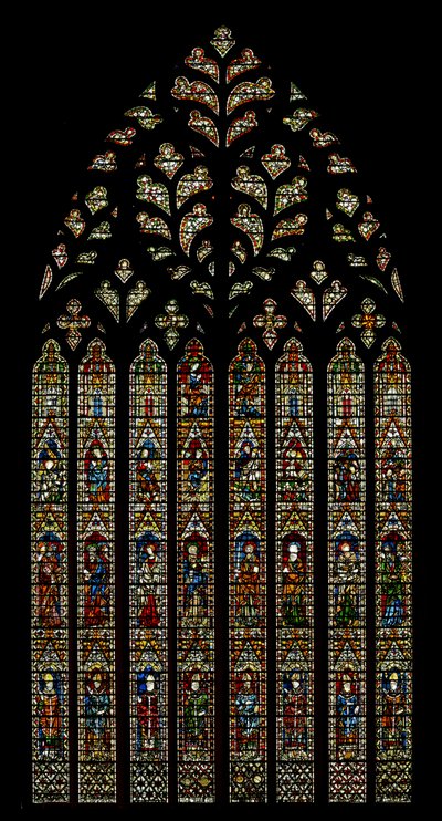 Window Ww depicting archbishops, Apostles, the Annunciation, Nativity, Resurrection, Ascension, Coronation of the Virgin by English School