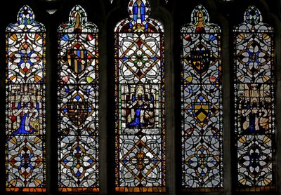 Window n4 depicting grisaille, St Peter emblem, figures, shields by English School