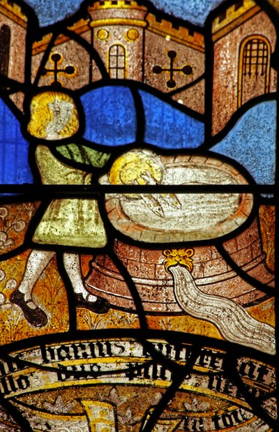 Window 5 depicting St Neot - the fish are returned to the well by English School