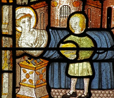 Window 5 depicting St Neot receives the two fish by English School