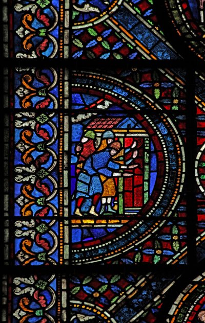 Window n7 depicting a scene from the life of St Thomas Becket: knights at the door of Canterbury by English School