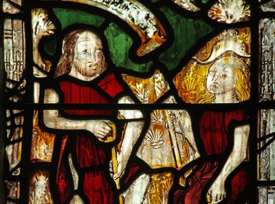 Window 1 depicting Adam delves while Eve spins by English School
