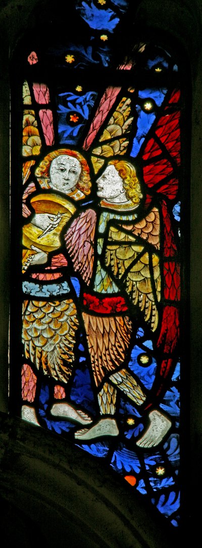 Window depicting musician angels, one with a lute by English School