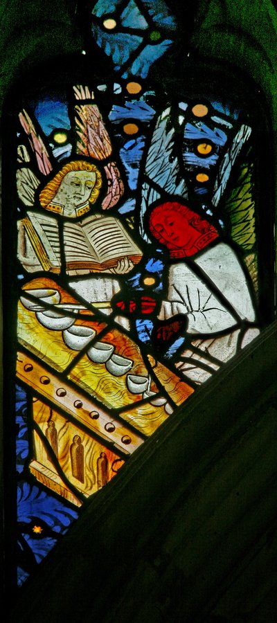 Window depicting musician angels with a glockenspiel by English School