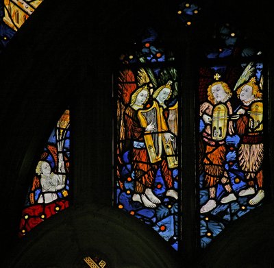 Window depicting musician angels with harps and crwth (Welsh fiddle) by English School