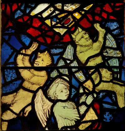 Window depicting devils and an angel by English School