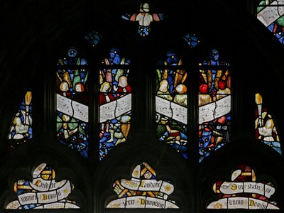 Window depicting tracery lights with musical angels by English School