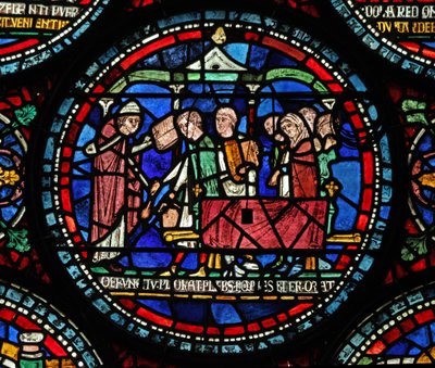 Window 6 depicting a scene from a St Thomas Becket Miracle window: Gilbert de Brun funeral by English School