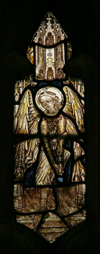 Window depicting a musician angel with a harp by English School
