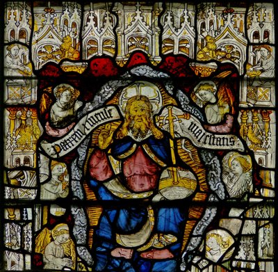 Window w24 depicting the Te Deum: God and angels by English School