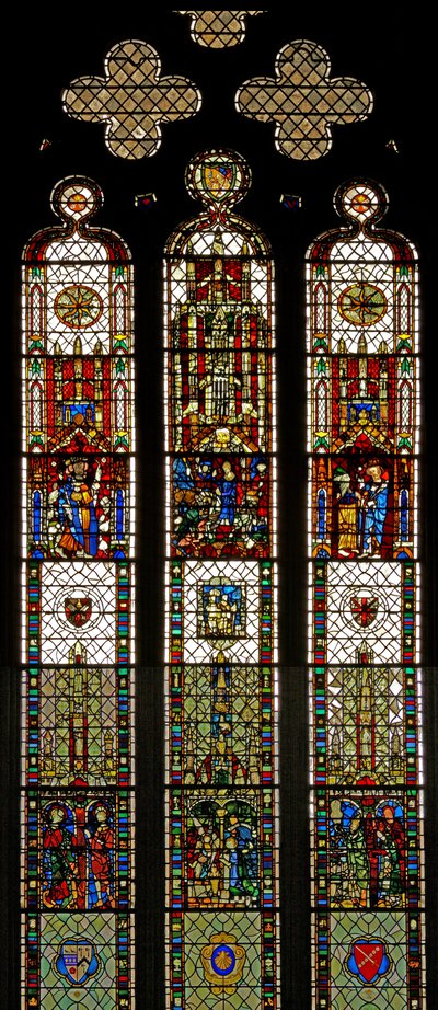 Window w31 depicting a composite window with St Edmund, St William, St George, Annunciation, Adoration of the Magi by English School