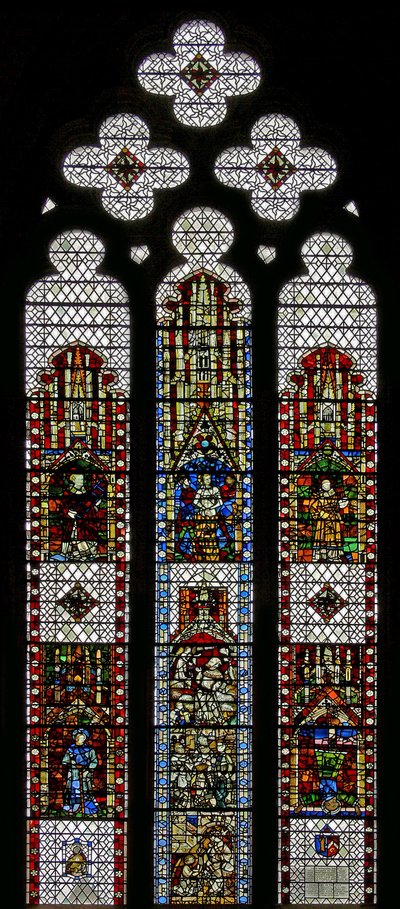 Window w32 depicting St George, St Lawrence, St Stephen, St Cuthbert, St Peter, St Anne, St Joachim by English School