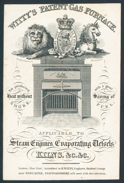 Wittys Patent Gas Furnace, Trade Card by English School