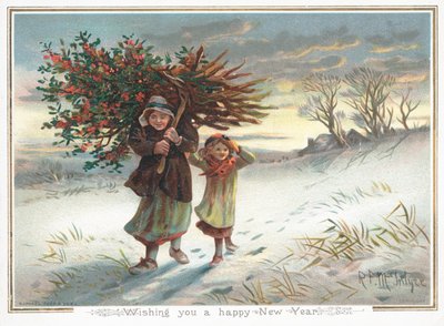 Woman carrying Holly Bush over shoulder by English School