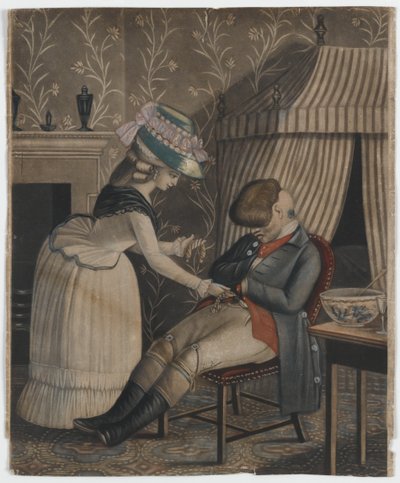 Woman stealing a stocking purse and pocket watch from a sleeping man, c.1790 by English School
