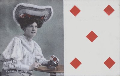 Woman with playing cards and the five of diamonds by English School