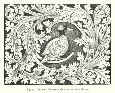 Wood carving: Incised border, centre in low relief (engraving) by English School