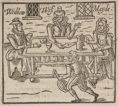 Woodcut showing women sitting around a table, A widow, wife and maid by English School